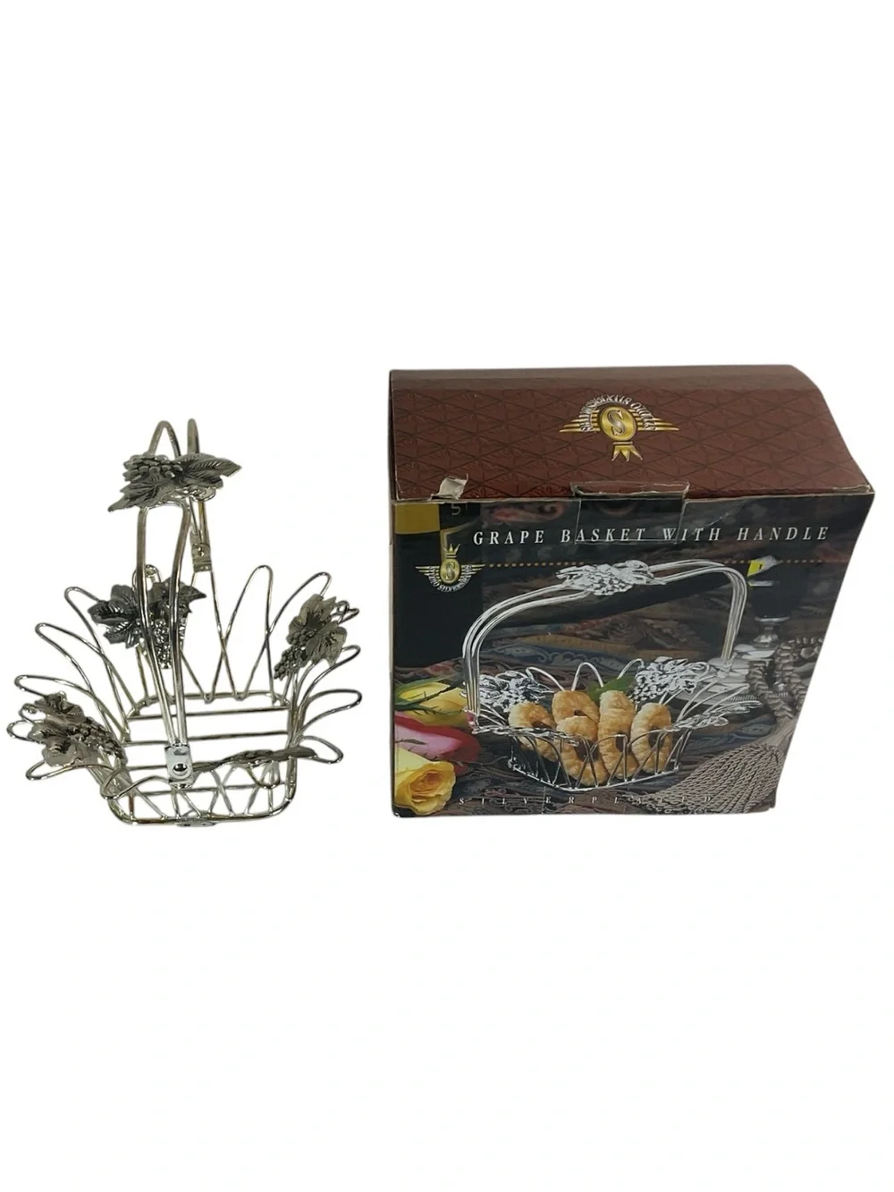 Studio Silversmiths Silver Plated Grape Basket w/ Handle 61701 Grapevine Decor